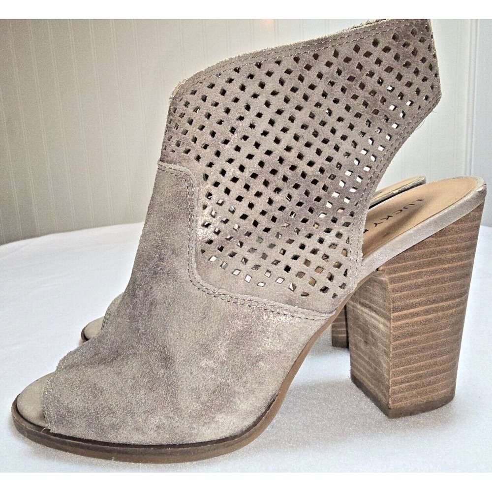 Y2K Lucky Brand Neutral Suede Womens Booties Shoes Peep Toe Block Heel 10M Taupe